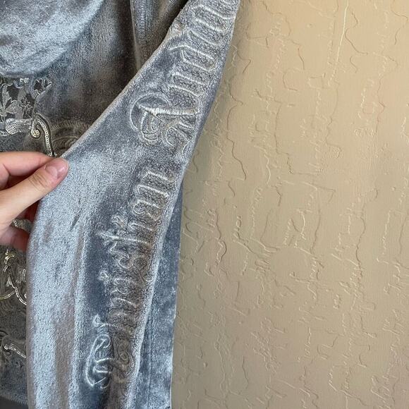 Y2K Christian Audigier Silver Velour Zip Up Sweatshirt Hoodie - Picture 8 of 11